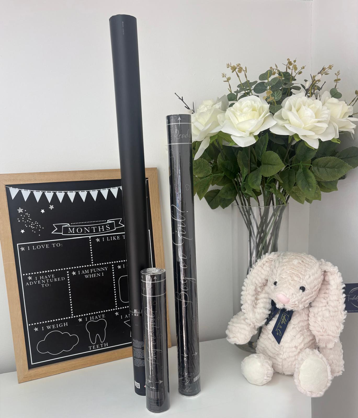A milestone chalkboard, gender reveal confetti cannons and a keepsake bunny on display at Precious Glimpse