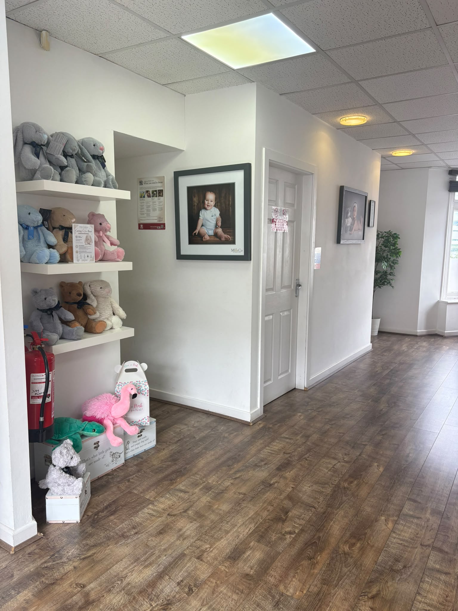 The hallway at Precious Glimpse, lined with keepsake teddies and framed baby portraits